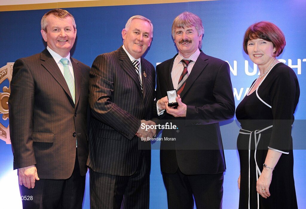 16 March 2009; Seán Clarke, Beragh Red Knight’s GAA Club, Co. Tyrone, is presented with a GAA President's Award by Uachtarán CLG Criostóir Ó Cuana, in the company of Pol O Gallchoir, Ceannsai, TG4, and Joanne Lee, Head of Internal Cummunications, AIB. Séan was the pivotal figure in the amalgamation of the Handball Club into the Beragh Red Knights GAC in 2004. Part of that project has included the building of a state-of-the-art 40x20 handball court within the Club’s pavilion. GAA President’s Awards 2010, Croke Park, Dublin. Picture credit: Brendan Moran / SPORTSFILE