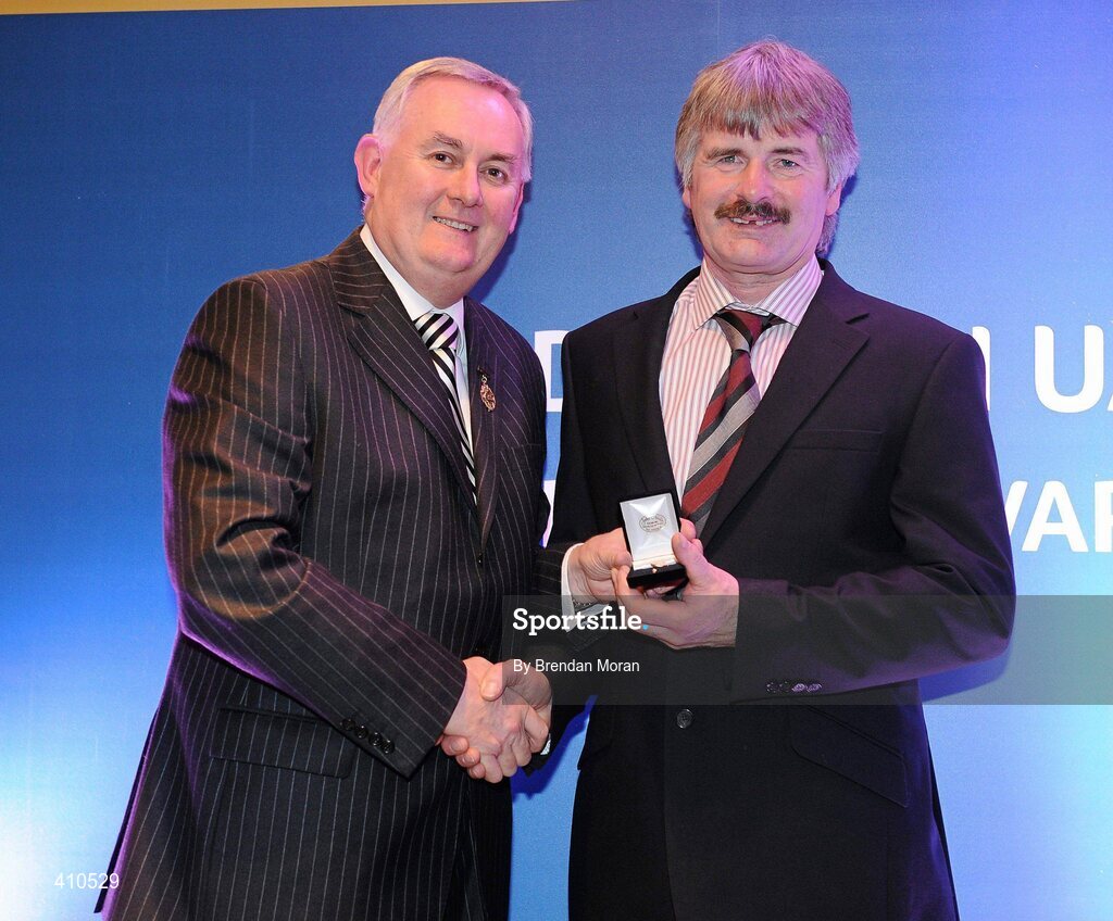 16 March 2009; Seán Clarke, Beragh Red Knight’s GAA Club, Co. Tyrone, is presented with a GAA President's Award by Uachtarán CLG Criostóir Ó Cuana. Séan was the pivotal figure in the amalgamation of the Handball Club into the Beragh Red Knights GAC in 2004. Part of that project has included the building of a state-of-the-art 40x20 handball court within the Club’s pavilion. GAA President’s Awards 2010, Croke Park, Dublin. Picture credit: Brendan Moran / SPORTSFILE