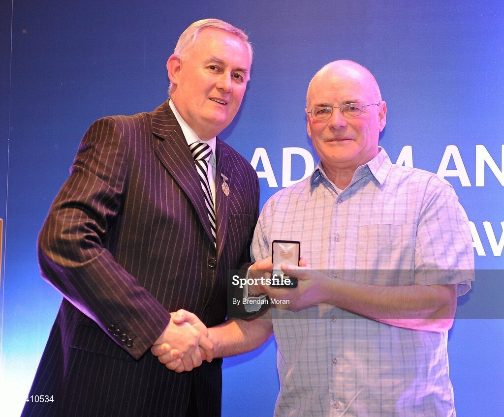 16 March 2009; Christopher Hughes Snr, Limekiln Rounders GAA Club, Dublin, is presented with a GAA President's Award by Uachtarán CLG Criostóir Ó Cuana. Christy has been involved with both GAA Rounders and the Community Games for over 30 years. The Limekiln Club has children and adults competing at all levels of competition with numerous successes. GAA President’s Awards 2010, Croke Park, Dublin. Picture credit: Brendan Moran / SPORTSFILE