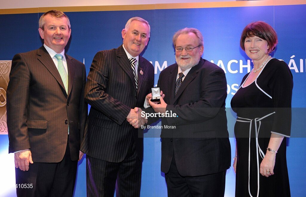 16 March 2009; Cathal Friel, Coolkenna GAA Club, Co. Wicklow, is presented with a GAA President's Award by Uachtarán CLG Criostóir Ó Cuana, in the company of Pol O Gallchoir, Ceannsai, TG4, and Joanne Lee, Head of Internal Cummunications, AIB. Cathal recognised the need for a Ladies Gaelic Football Club in Coolkenna and became involved in setting up the first and became its Chairman. Cathal also heads up the fixtures making process for the Leinster Council. GAA President’s Awards 2010, Croke Park, Dublin. Picture credit: Brendan Moran / SPORTSFILE