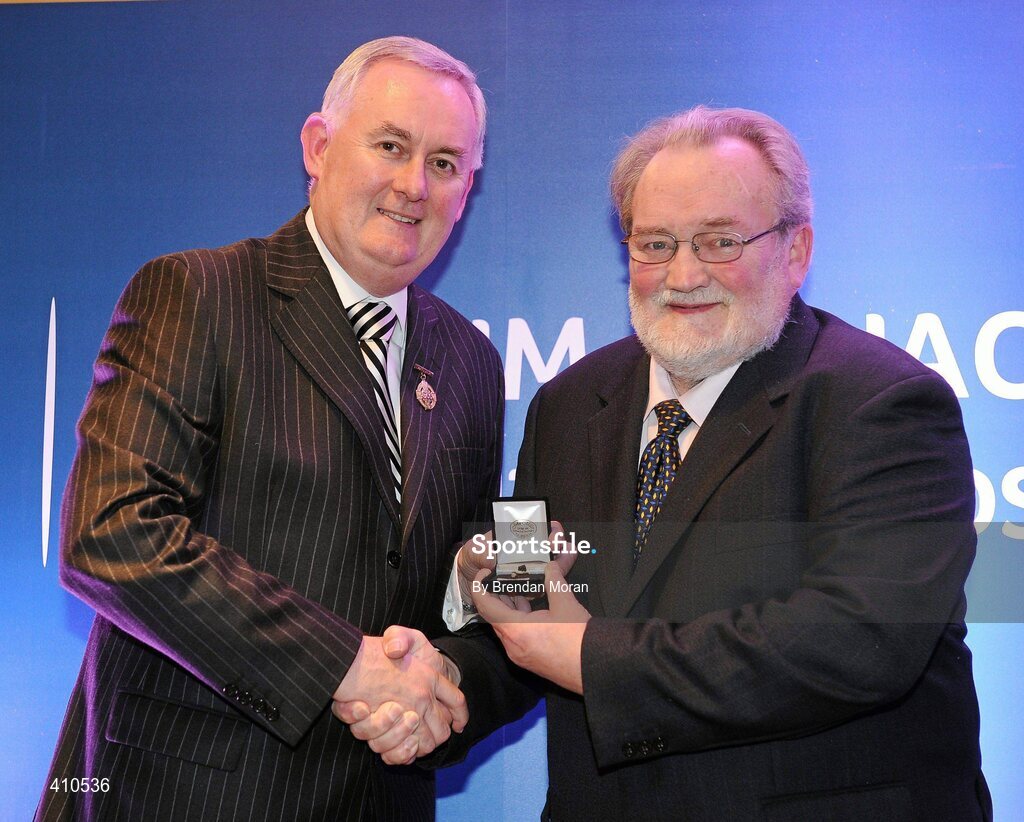 16 March 2009; Cathal Friel, Coolkenna GAA Club, Co. Wicklow, is presented with a GAA President's Award by Uachtarán CLG Criostóir Ó Cuana. Cathal recognised the need for a Ladies Gaelic Football Club in Coolkenna and became involved in setting up the first and became its Chairman. Cathal also heads up the fixtures making process for the Leinster Council. GAA Presidents Awards 2010, Croke Park, Dublin. Picture credit: Brendan Moran / SPORTSFILE