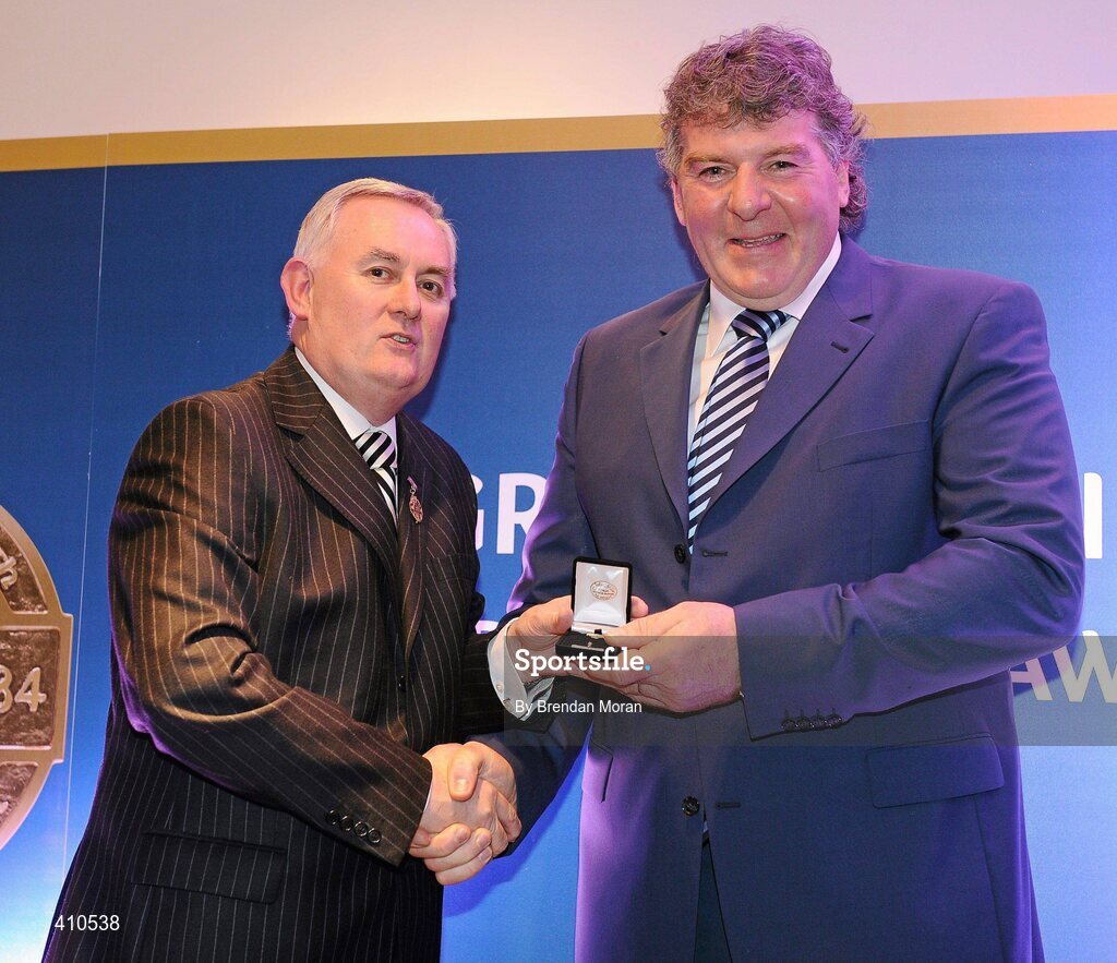 16 March 2009; John Hughes, Geevagh GAA Club, Co. Sligo, is presented with a GAA President's Award by Uachtarán CLG Criostóir Ó Cuana. For many years in Sligo, John Hughes has become renowned for his work in his home parish of Geevagh and the Cumann na mBunscol organisation in Sligo. He has been come to be known as ‘Mr. Cumann na mBunscol’ in the county. GAA President’s Awards 2010, Croke Park, Dublin. Picture credit: Brendan Moran / SPORTSFILE