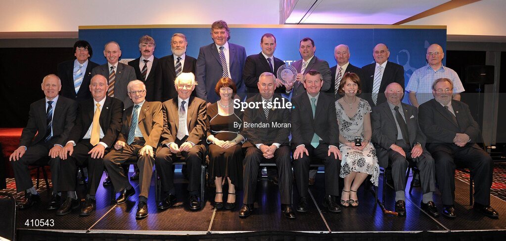 16 March 2009; The receipents of the GAA President's Award in the company of Uachtarán CLG Criostóir Ó Cuana, Joanne Lee, AIB Bank, and Pol O Gallchoir, Ceannsai, TG4. GAA President’s Awards 2010, Croke Park, Dublin. Picture credit: Brendan Moran / SPORTSFILE