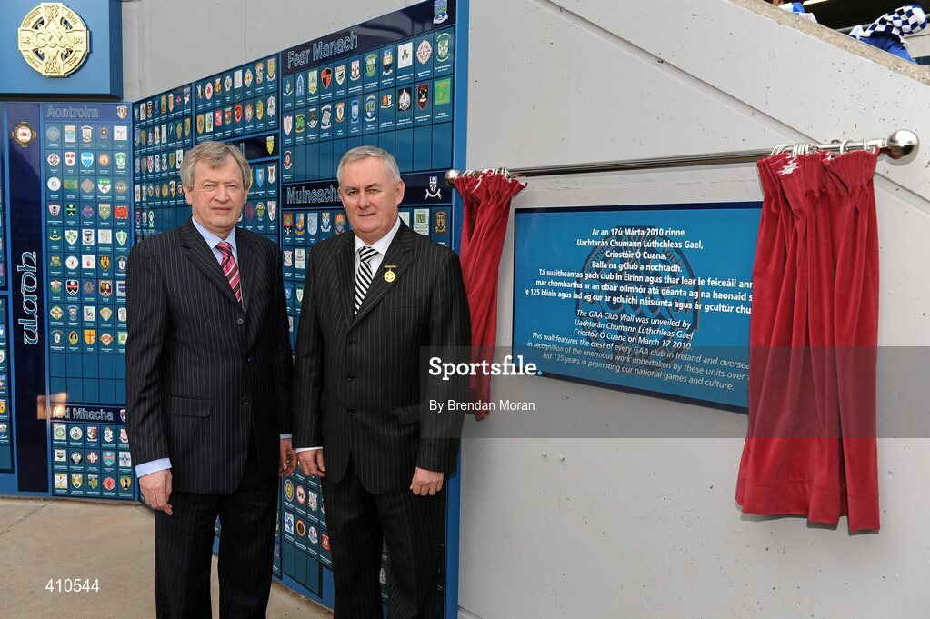 18 March 2010; At the official opening of the GAA Club Wall outside the GAA Museum, from left, Páraic Duffy, Ard Stiúrthóir, and Uachtarán CLG Criostóir Ó Cuana. Croke Park, Dublin. Picture credit: Brendan Moran / SPORTSFILE