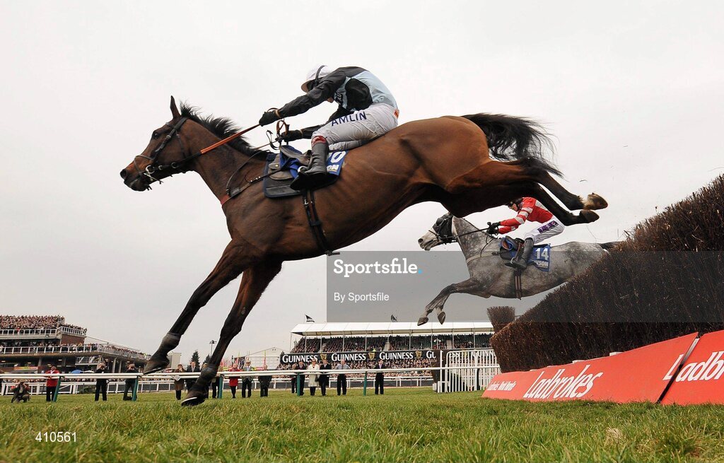 18 March 2010; Copper Bleu, with Richard Johnson up, jumps the last on their way to winning the Jewson Novices' Handicap Chase ahead of 2nd place Othermix, no. 14, with P.J. Brennan up. Cheltenham Racing Festival - Thursday. Prestbury Park, Cheltenham, Gloucestershire, England. Photo by Sportsfile