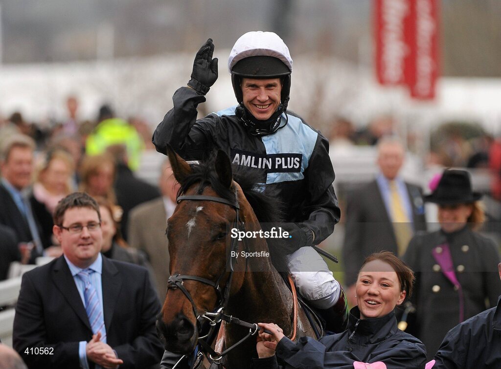 18 March 2010; Copper Bleu, with Richard Johnson up, celebrates after winning the Jewson Novices' Handicap Chase. Cheltenham Racing Festival - Thursday. Prestbury Park, Cheltenham, Gloucestershire, England. Photo by Sportsfile