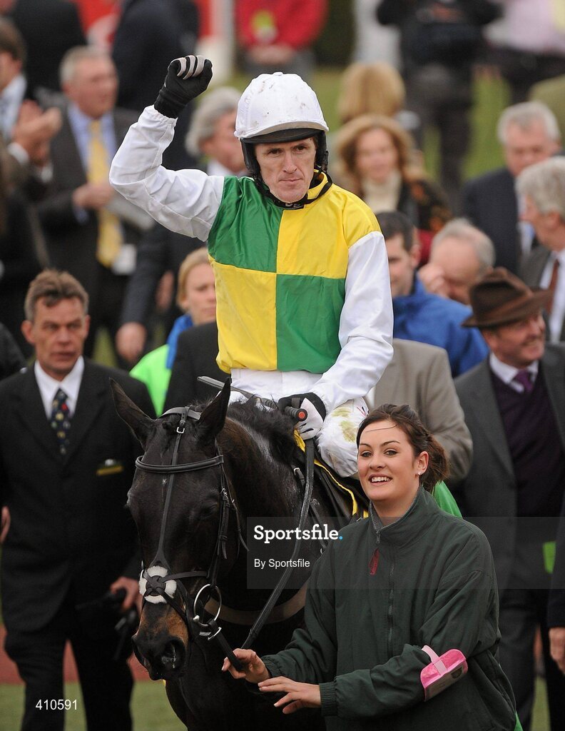18 March 2010; Jockey Tony McCoy celebrates after winning the Ryanair Chase on Albertas Run. Cheltenham Racing Festival - Thursday. Prestbury Park, Cheltenham, Gloucestershire, England. Photo by Sportsfile