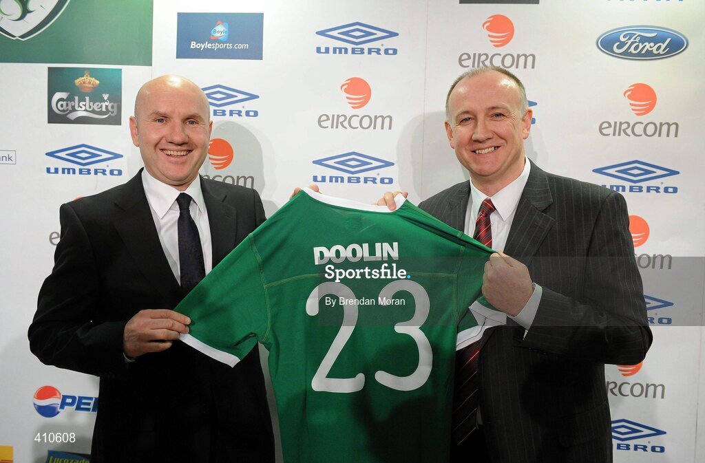 18 March 2010; New Republic of Ireland Under-23 manager Paul Doolin, left, after a press conference to announce his appointment with Fran Gavin, Director of the Airtricity League. FAI Headquarters, Abbotstown, Dublin. Picture credit: Brendan Moran / SPORTSFILE