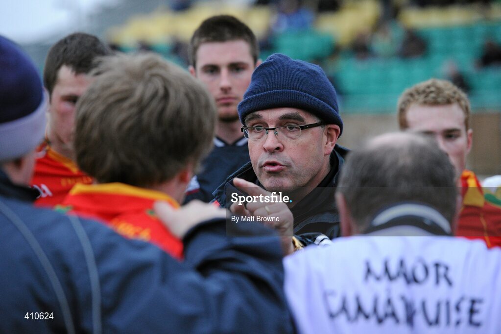 17 March 2010; Carlow manager Luke Dempsey speaks to his players before the game. Cadbury Leinster GAA Football Under 21 Semi-Final, Carlow v Dublin, Dr Cullen Park, Carlow. Picture credit: Matt Browne / SPORTSFILE