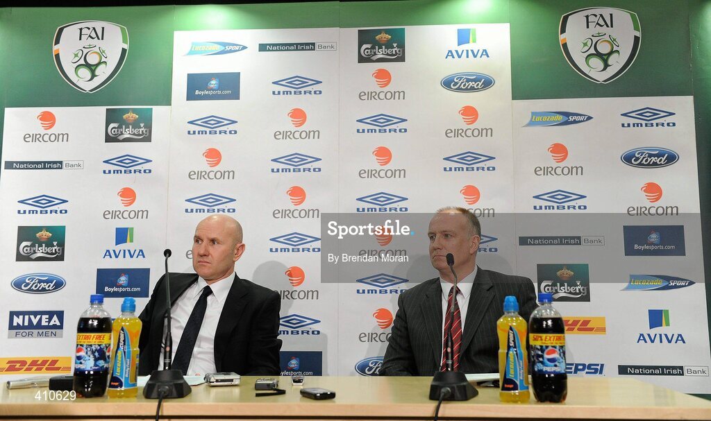 18 March 2010; New Republic of Ireland Under-23 manager Paul Doolin at a press conference to announce his appointment with Fran Gavin, Director of the Airtricity League. FAI Headquarters, Abbotstown, Dublin. Picture credit: Brendan Moran / SPORTSFILE