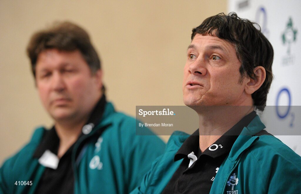 18 March 2010; Ireland forwards coach Gert Smal, left, and defence coach Les Kiss during a press conference ahead of their RBS Six Nations Rugby Championship game against Scotland on Saturday. Shelbourne Hotel, St Stephen's Green, Dublin. Picture credit: Brendan Moran / SPORTSFILE