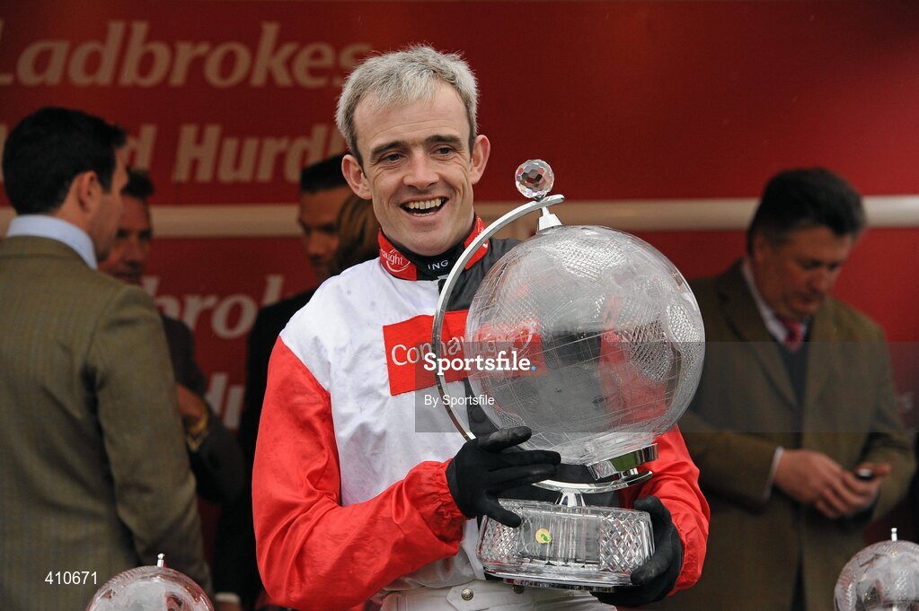 18 March 2010; Jockey Ruby Walsh celebrates with the trophy after winning the Ladbrokes World Hurdle on Big Buck's. Cheltenham Racing Festival - Thursday. Prestbury Park, Cheltenham, Gloucestershire, England. Photo by Sportsfile