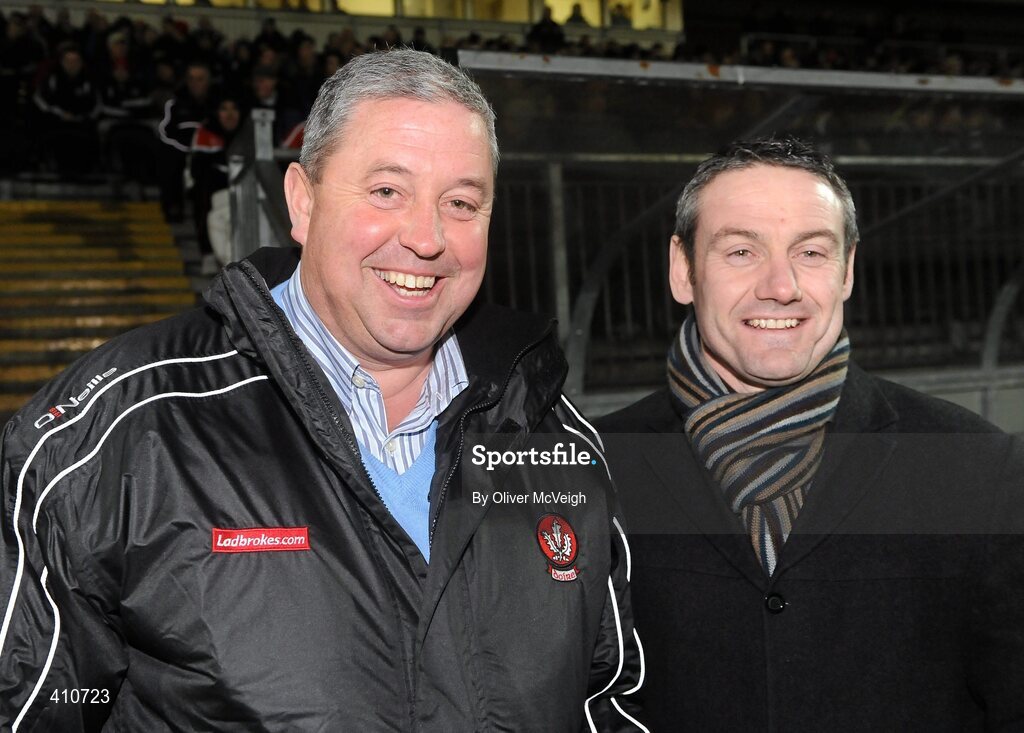 10 March 2010; Derry county board chairman John Keenan, left, and Tyrone county board chairman Ciaran McLaughlin. Cadbury Ulster GAA Football Under 21 Championship preliminary Round, Tyrone v Derry, Healy Park, Omagh, Co. Tyrone. Picture credit: Oliver McVeigh / SPORTSFILE