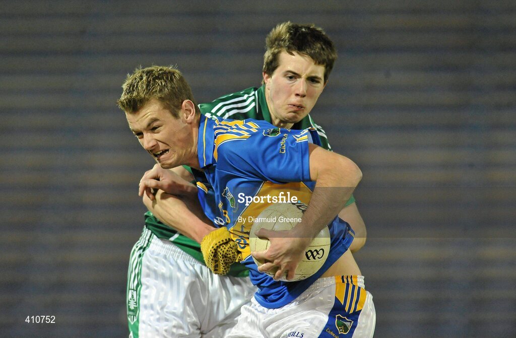 18 March 2010; Alan Moloney, Tipperary, in action against Eoghan O'Connor, Limerick. Cadbury Munster GAA Football Under 21 Championship Semi-Final, Tipperary v Limerick, Semple Stadium, Thurles, Co. Tipperary. Picture credit: Diarmuid Greene / SPORTSFILE