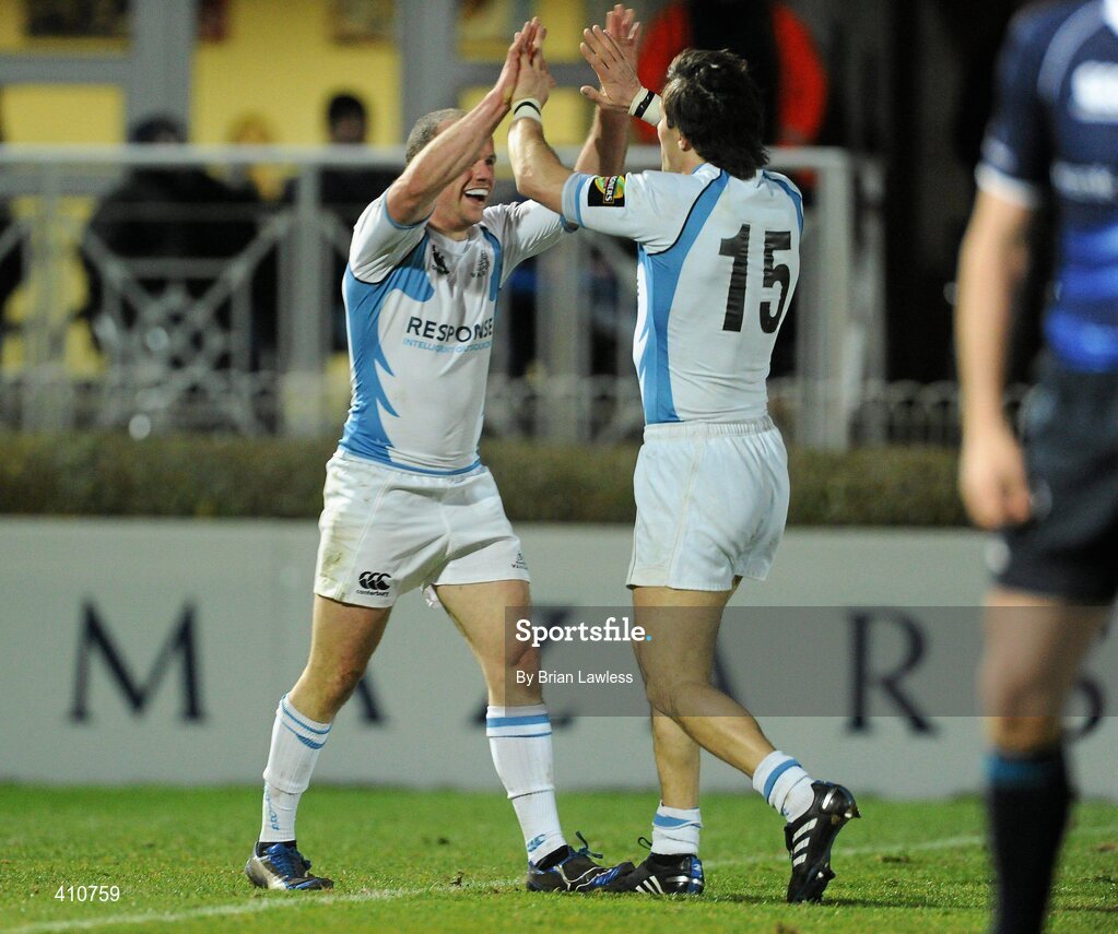 18 March 2010; Hein O'Hare, Glasgow Warriors, celebrates with team-mate Bernardo Stortoni, right, after scoring his side's first try. Celtic League, Leinster v Glasgow Warriors, RDS, Ballsbridge, Dublin. Picture credit: Brian Lawless / SPORTSFILE