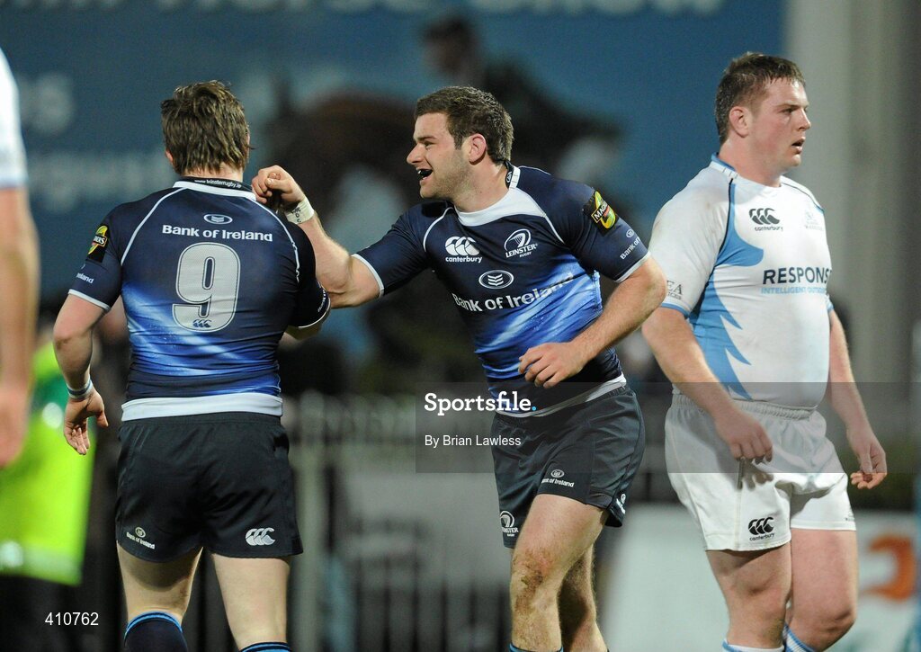 18 March 2010; Fergus McFadden, Leinster, celebrates with team-mate Paul O'Donohoe after scoring his side's first try. Celtic League, Leinster v Glasgow Warriors, RDS, Ballsbridge, Dublin. Picture credit: Brian Lawless / SPORTSFILE
