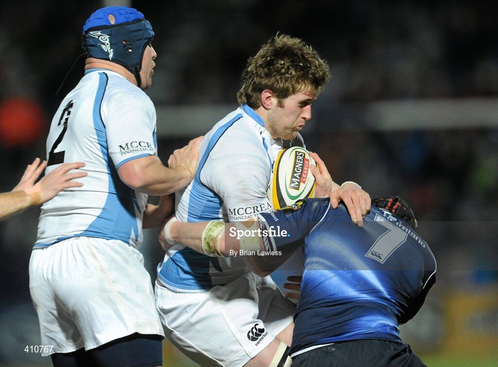 18 March 2010; Richie Vernon and Doug Hall, left, Glasgow Warriors, in action against Paul Ryan, Leinster. Celtic League, Leinster v Glasgow Warriors, RDS, Ballsbridge, Dublin. Picture credit: Brian Lawless / SPORTSFILE