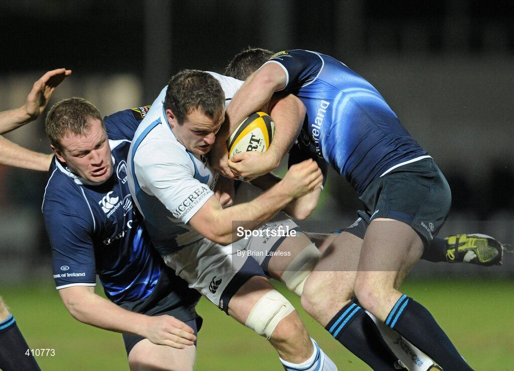 18 March 2010; James Eddie, Glasgow Warriors, in action against Stephen Keogh, left, and Fergus McFadden, Leinster. Celtic League, Leinster v Glasgow Warriors, RDS, Ballsbridge, Dublin. Picture credit: Brian Lawless / SPORTSFILE