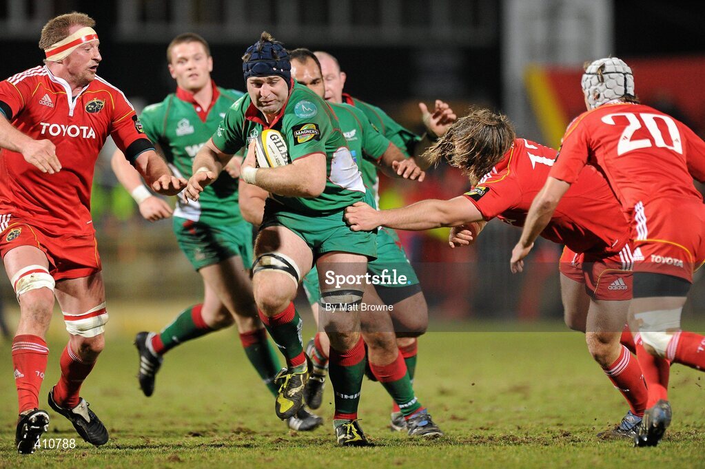 18 March 2010; David Lyons, Scarlets, is tackled by David Ryan, right, and Mick O'Driscoll, Munster. Celtic League, Munster v Scarlets, Musgrave Park, Cork. Picture credit: Matt Browne / SPORTSFILE