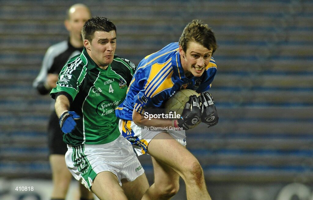18 March 2010; Conor Sweeney, Tipperary, in action against Damien Quaid, Limerick. Cadbury Munster GAA Football Under 21 Championship Semi-Final, Tipperary v Limerick, Semple Stadium, Thurles, Co. Tipperary. Picture credit: Diarmuid Greene / SPORTSFILE