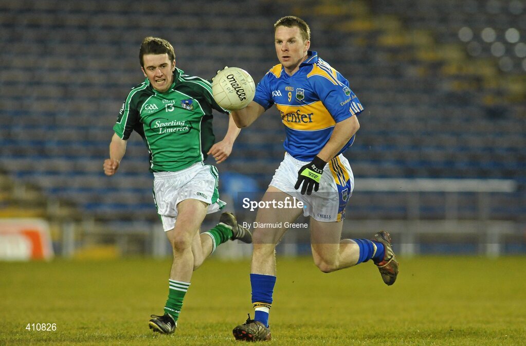 18 March 2010; Peter Acheson, Tipperary, in action against Patrick Sheahan, Limerick. Cadbury Munster GAA Football Under 21 Championship Semi-Final, Tipperary v Limerick, Semple Stadium, Thurles, Co. Tipperary. Picture credit: Diarmuid Greene / SPORTSFILE