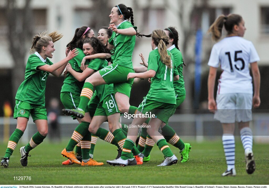 24 March 2016; Leanne Kiernan, 18, Republic of Ireland, celebrates with team-mates after scoring her side's first goal. UEFA Women's U17 Championship Qualifier Elite Round Group 3, Republic of Ireland v France. Henry Jeanne, Bayeux, France. Picture credit: Eóin Noonan / SPORTSFILE