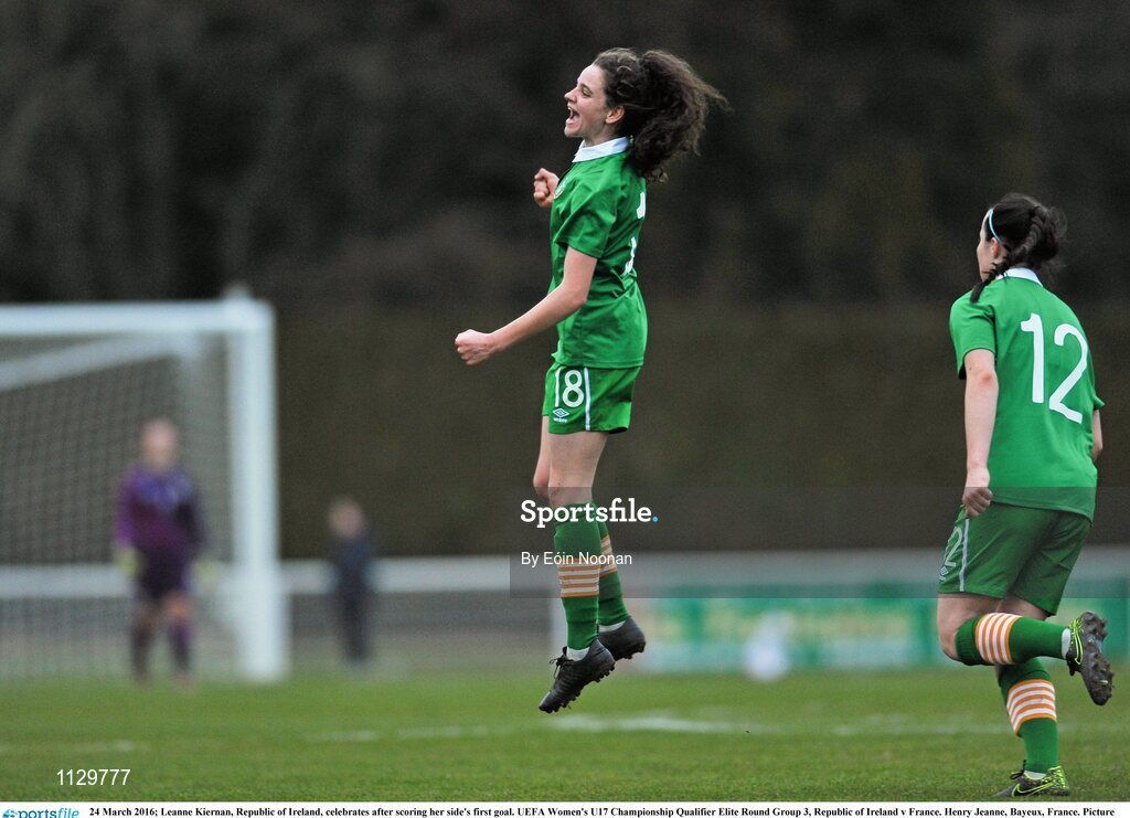 24 March 2016; Leanne Kiernan, Republic of Ireland, celebrates after scoring her side's first goal. UEFA Women's U17 Championship Qualifier Elite Round Group 3, Republic of Ireland v France. Henry Jeanne, Bayeux, France. Picture credit: Eóin Noonan / SPORTSFILE