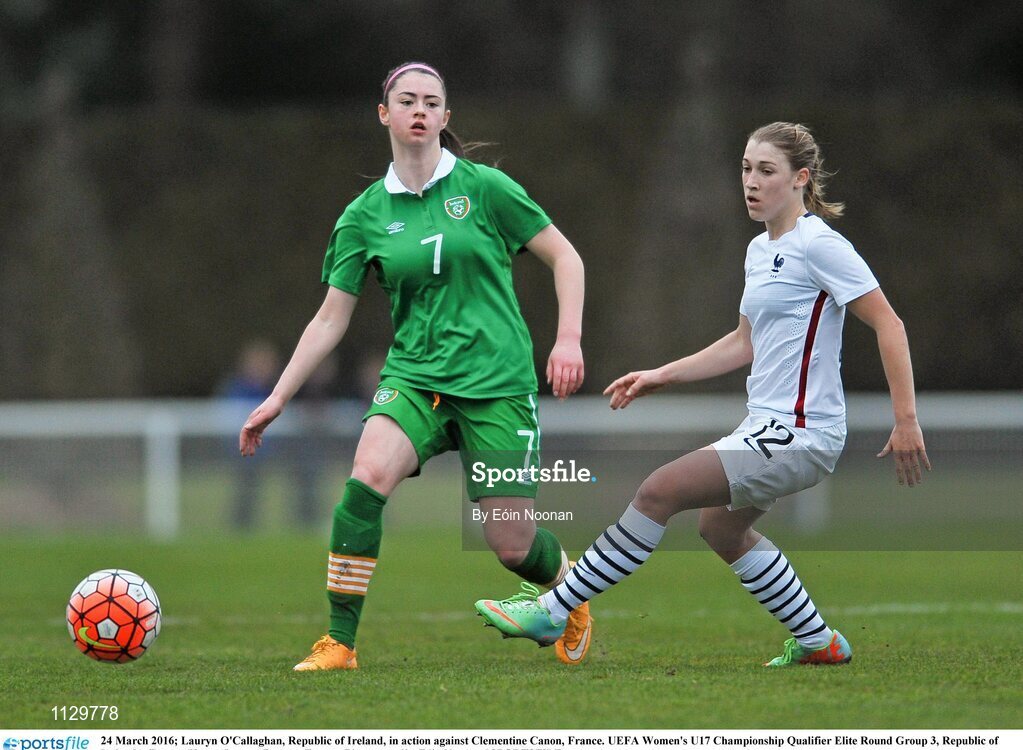 24 March 2016; Lauryn O'Callaghan, Republic of Ireland, in action against Clementine Canon, France. UEFA Women's U17 Championship Qualifier Elite Round Group 3, Republic of Ireland v France. Henry Jeanne, Bayeux, France. Picture credit: Eóin Noonan / SPORTSFILE