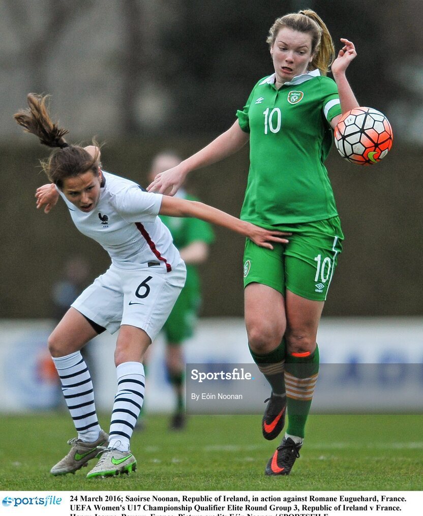24 March 2016; Saoirse Noonan, Republic of Ireland, in action against Romane Euguehard, France. UEFA Women's U17 Championship Qualifier Elite Round Group 3, Republic of Ireland v France. Henry Jeanne, Bayeux, France. Picture credit: Eóin Noonan / SPORTSFILE