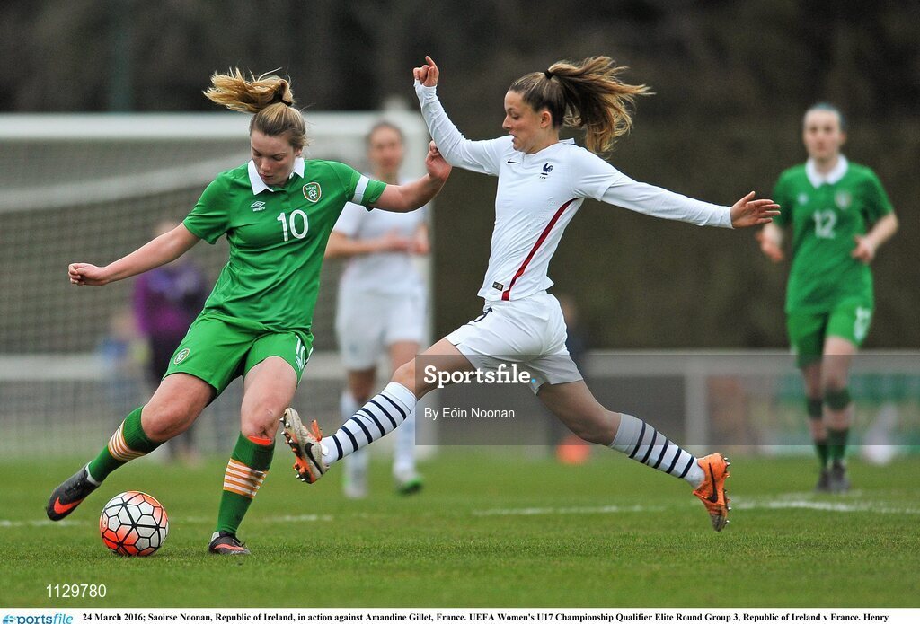 24 March 2016; Saoirse Noonan, Republic of Ireland, in action against Amandine Gillet, France. UEFA Women's U17 Championship Qualifier Elite Round Group 3, Republic of Ireland v France. Henry Jeanne, Bayeux, France. Picture credit: Eóin Noonan / SPORTSFILE