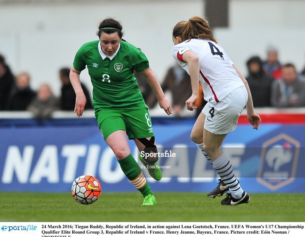 24 March 2016; Tiegan Ruddy, Republic of Ireland, in action against Lena Goetstsch, France. UEFA Women's U17 Championship Qualifier Elite Round Group 3, Republic of Ireland v France. Henry Jeanne, Bayeux, France. Picture credit: Eóin Noonan / SPORTSFILE