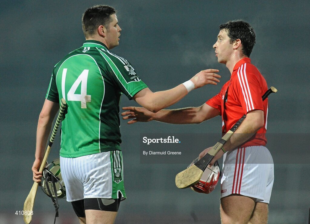 27 February 2010; Limerick's Paudie McNamara with Cork's Ronan Curran after the game. Allianz GAA Hurling Hurling National League Division 1 Round 2, Limerick v Cork, Gaelic Grounds, Limerick. Picture credit: Diarmuid Greene / SPORTSFILE
