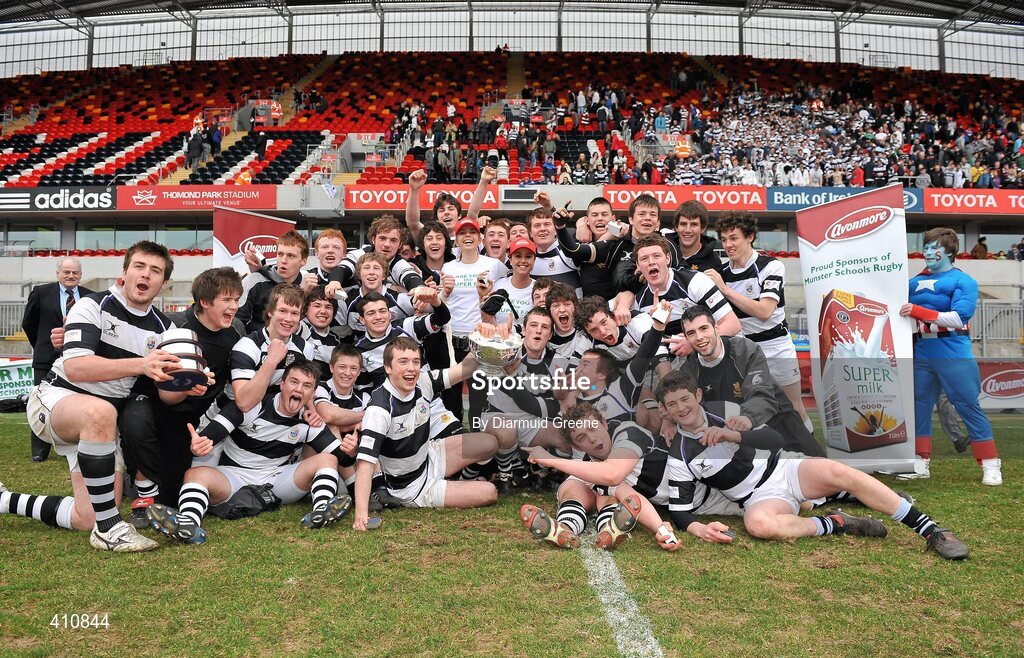 17 March 2010; The PBC team celebrate on the pitch with the cup after victory over Rockwell College. Munster Schools Senior Cup Final, Rockwell College v PBC, Thomond Park, Limerick. Picture credit: Diarmuid Greene / SPORTSFILE