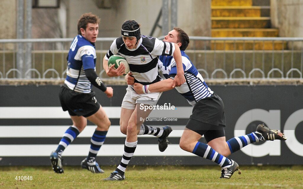 17 March 2010; Sean Og Murphy, PBC, is tackled by Ross Mullane, Rockwell College. Munster Schools Senior Cup Final, Rockwell College v PBC, Thomond Park, Limerick. Picture credit: Diarmuid Greene / SPORTSFILE