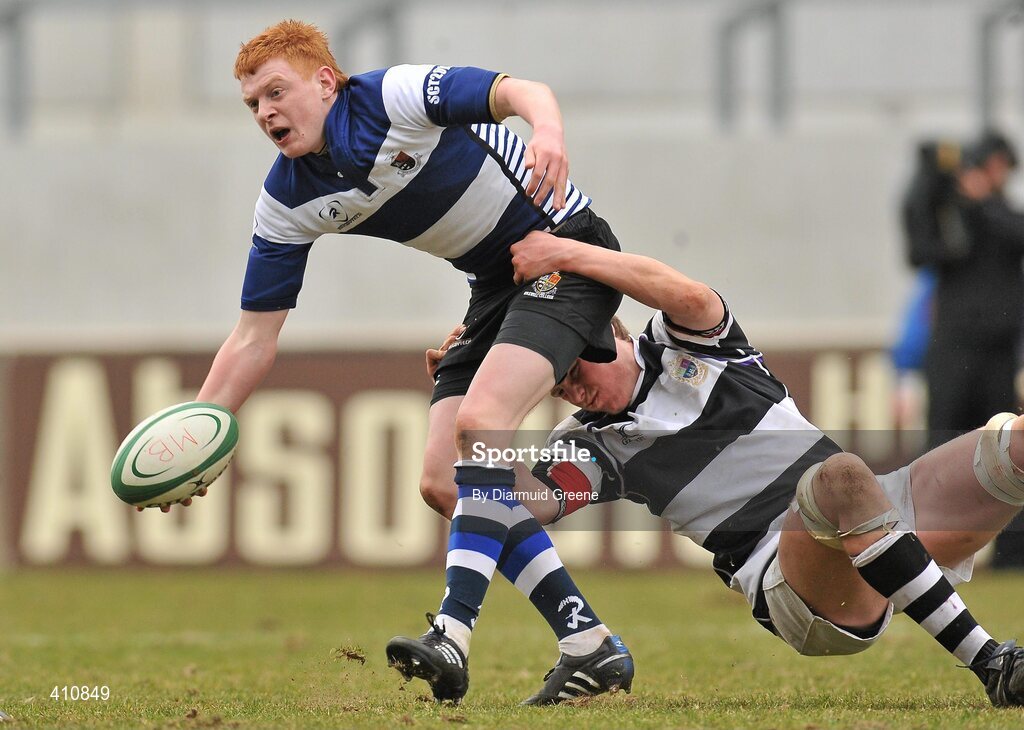 17 March 2010; Brian O'Rahelly, Rockwell College, is tackled by Rob O'Herlihy, PBC. Munster Schools Senior Cup Final, Rockwell College v PBC, Thomond Park, Limerick. Picture credit: Diarmuid Greene / SPORTSFILE