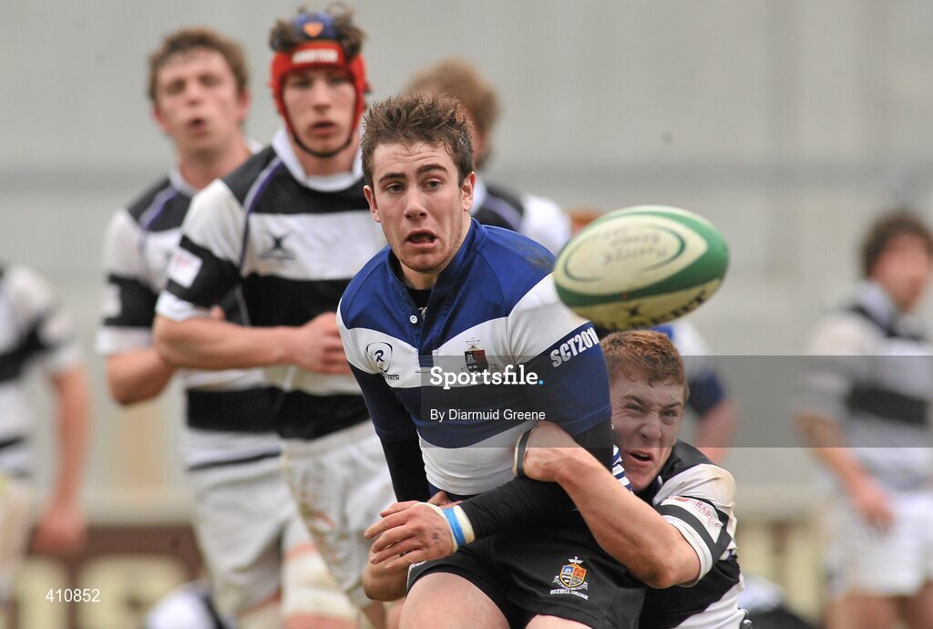 17 March 2010; JJ Hanrahan, Rockwell College, is tackled by Daniel Horgan, PBC. Munster Schools Senior Cup Final, Rockwell College v PBC, Thomond Park, Limerick. Picture credit: Diarmuid Greene / SPORTSFILE