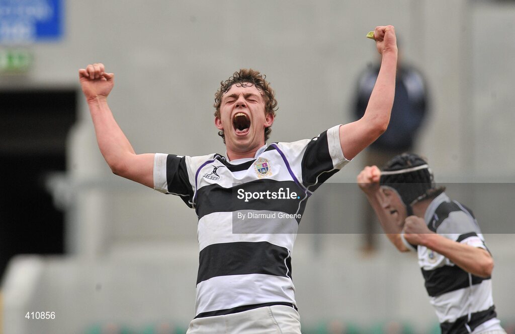 17 March 2010; PBC joint captain David O'Mahony celebrates at the final whistle after victory over Rockwell College. Munster Schools Senior Cup Final, Rockwell College v PBC, Thomond Park, Limerick. Picture credit: Diarmuid Greene / SPORTSFILE