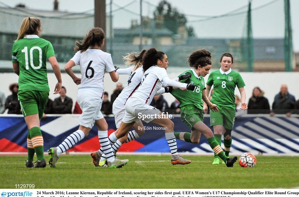 24 March 2016; Leanne Kiernan, Republic of Ireland, scoring her sides first goal. UEFA Women's U17 Championship Qualifier Elite Round Group 3, Republic of Ireland v France. Henry Jeanne, Bayeux, France. Picture credit: Eóin Noonan / SPORTSFILE