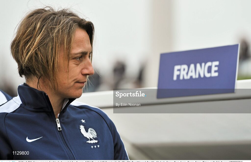 24 March 2016; France manager, Sandrine Soubeyrand, before the game. UEFA Women's U17 Championship Qualifier Elite Round Group 3, Republic of Ireland v France. Henry Jeanne, Bayeux, France. Picture credit: Eóin Noonan / SPORTSFILE