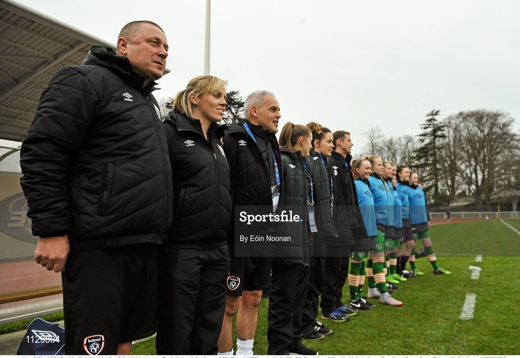 24 March 2016; Republic of Ireland manager Dave Bell with his back room staff and substitutes before the game. UEFA Women's U17 Championship Qualifier Elite Round Group 3, Republic of Ireland v France. Henry Jeanne, Bayeux, France. Picture credit: Eóin Noonan / SPORTSFILE