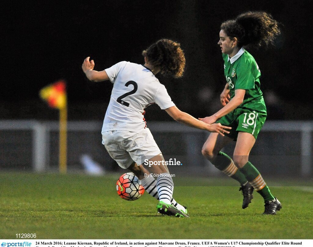 24 March 2016; Leanne Kiernan, Republic of Ireland, in action against Maevane Drozo, France. UEFA Women's U17 Championship Qualifier Elite Round Group 3, Republic of Ireland v France. Henry Jeanne, Bayeux, France. Picture credit: Eóin Noonan / SPORTSFILE