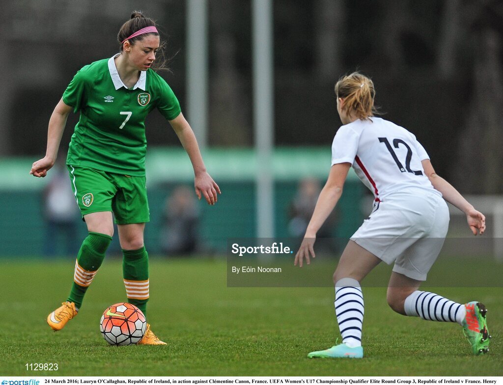 24 March 2016; Lauryn O'Callaghan, Republic of Ireland, in action against Clémentine Canon, France. UEFA Women's U17 Championship Qualifier Elite Round Group 3, Republic of Ireland v France. Henry Jeanne, Bayeux, France. Picture credit: Eóin Noonan / SPORTSFILE