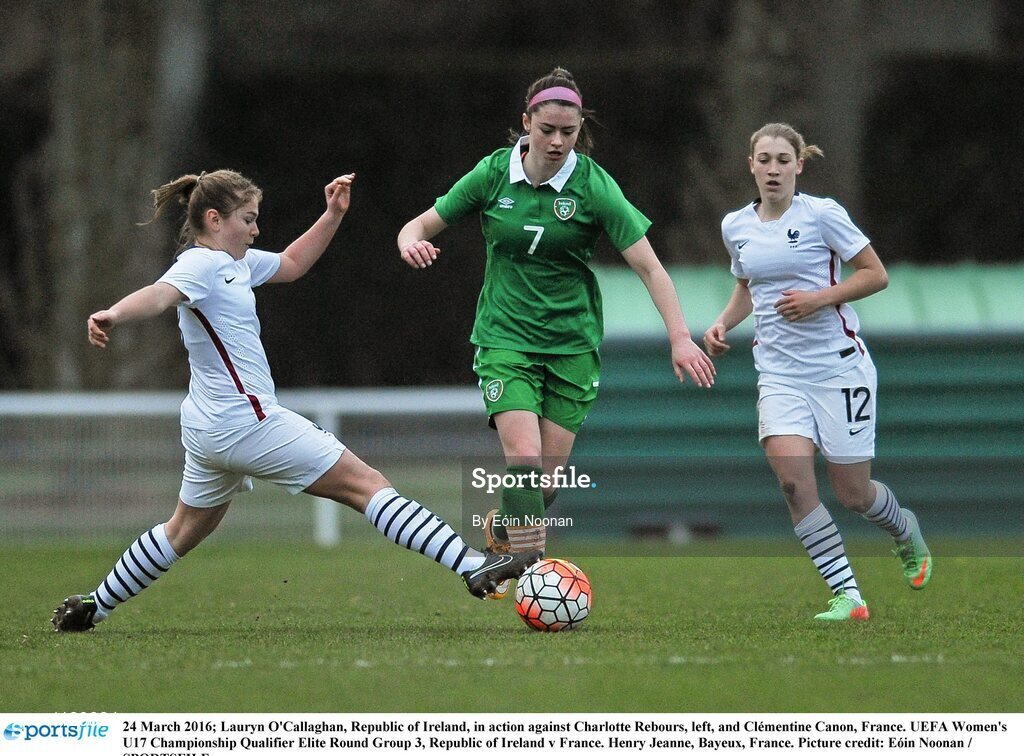 24 March 2016; Lauryn O'Callaghan, Republic of Ireland, in action against Charlotte Rebours, left, and Clémentine Canon, France. UEFA Women's U17 Championship Qualifier Elite Round Group 3, Republic of Ireland v France. Henry Jeanne, Bayeux, France. Picture credit: Eóin Noonan / SPORTSFILE