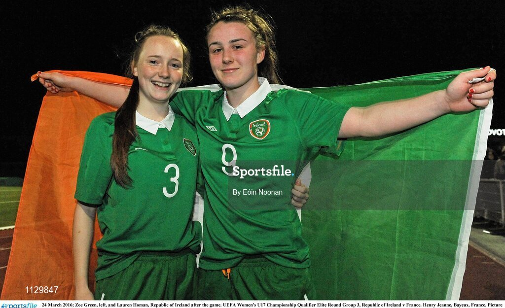 24 March 2016; Zoe Green, left, and Lauren Homan, Republic of Ireland after the game. UEFA Women's U17 Championship Qualifier Elite Round Group 3, Republic of Ireland v France. Henry Jeanne, Bayeux, France. Picture credit: Eóin Noonan / SPORTSFILE