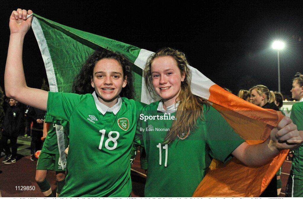 24 March 2016; Leanne Kiernan, left, and Heather Payne, Republic of Ireland, after the game. UEFA Women's U17 Championship Qualifier Elite Round Group 3, Republic of Ireland v France. Henry Jeanne, Bayeux, France. Picture credit: Eóin Noonan / SPORTSFILE