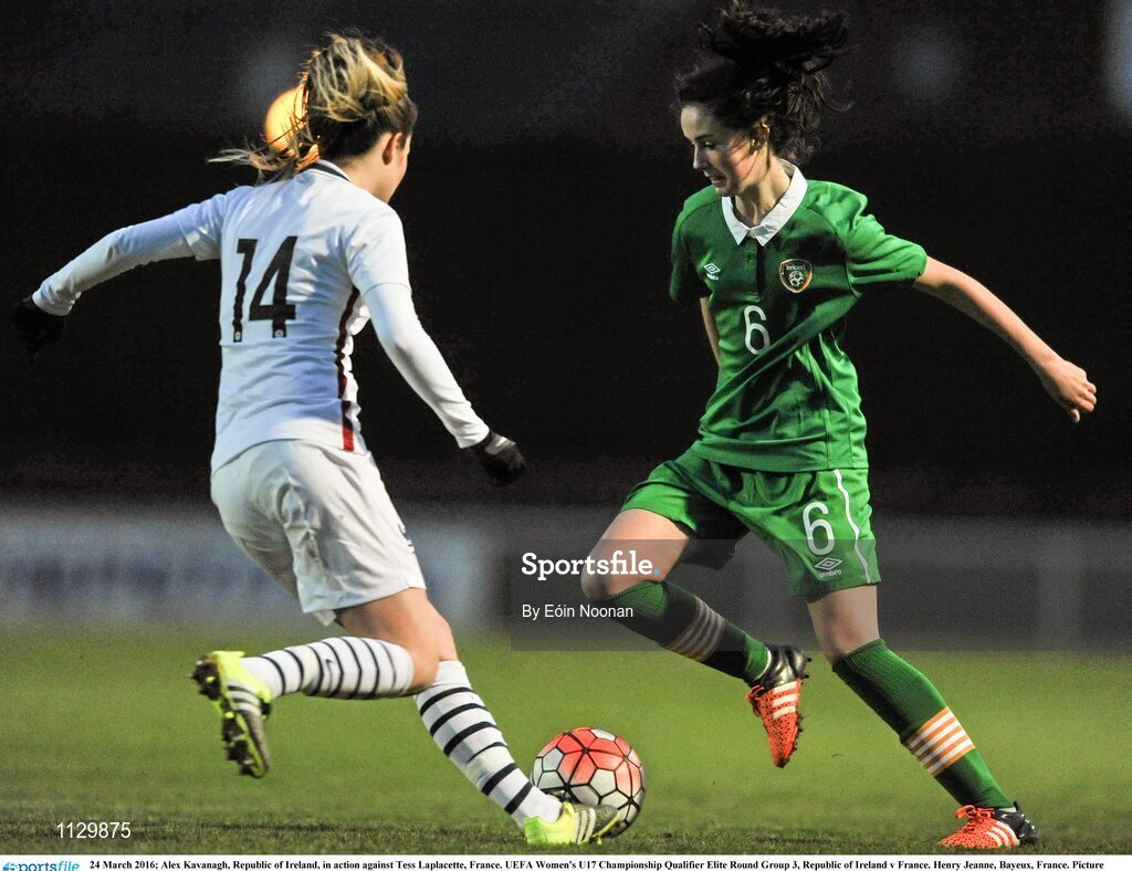 24 March 2016; Alex Kavanagh, Republic of Ireland, in action against Tess Laplacette, France. UEFA Women's U17 Championship Qualifier Elite Round Group 3, Republic of Ireland v France. Henry Jeanne, Bayeux, France. Picture credit: Eóin Noonan / SPORTSFILE