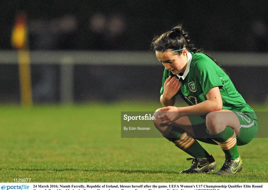 24 March 2016; Niamh Farrelly, Republic of Ireland, blesses herself after the game. UEFA Women's U17 Championship Qualifier Elite Round Group 3, Republic of Ireland v France. Henry Jeanne, Bayeux, France. Picture credit: Eóin Noonan / SPORTSFILE