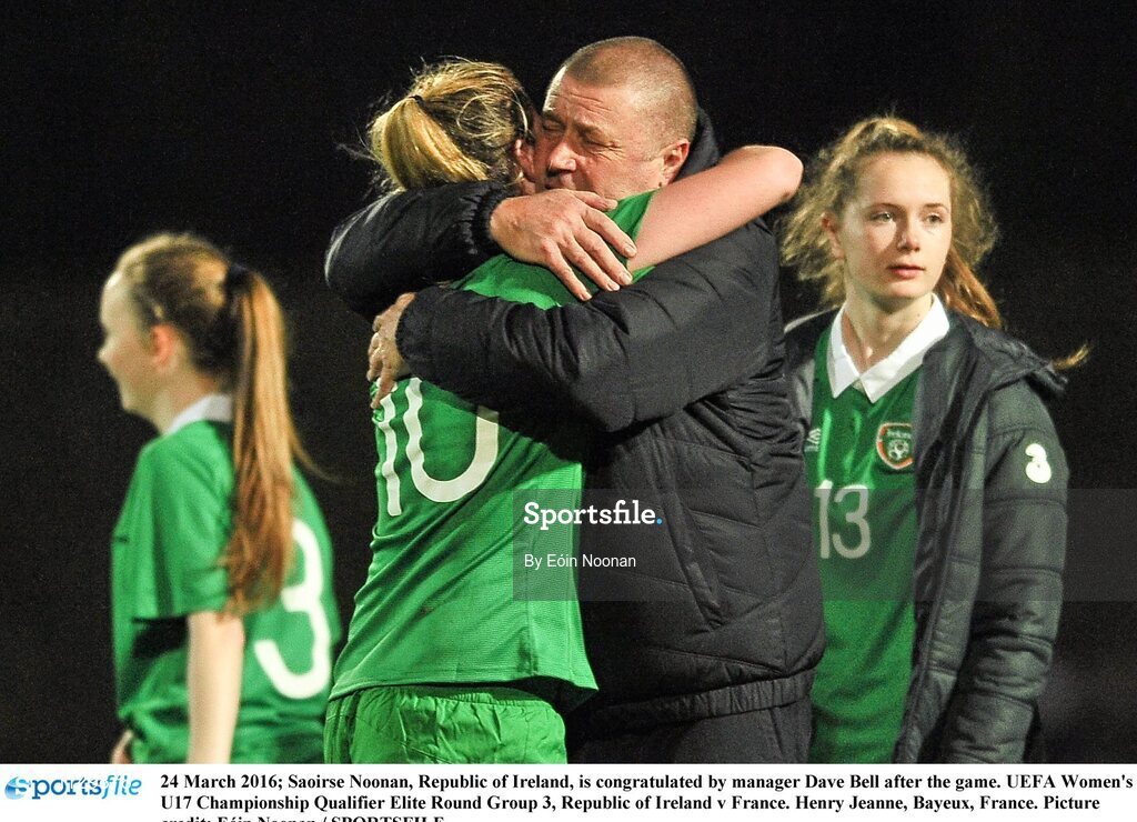24 March 2016; Saoirse Noonan, Republic of Ireland, is congratulated by manager Dave Bell after the game. UEFA Women's U17 Championship Qualifier Elite Round Group 3, Republic of Ireland v France. Henry Jeanne, Bayeux, France. Picture credit: Eóin Noonan / SPORTSFILE