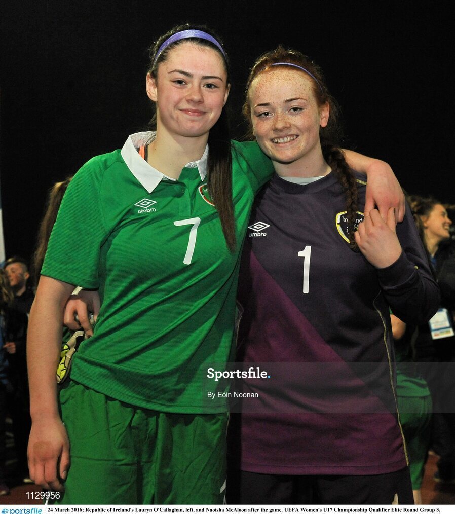 24 March 2016; Republic of Ireland's Lauryn O'Callaghan, left, and Naoisha McAloon after the game. UEFA Women's U17 Championship Qualifier Elite Round Group 3, Republic of Ireland v France. Henry Jeanne, Bayeux, France. Picture credit: Eóin Noonan / SPORTSFILE