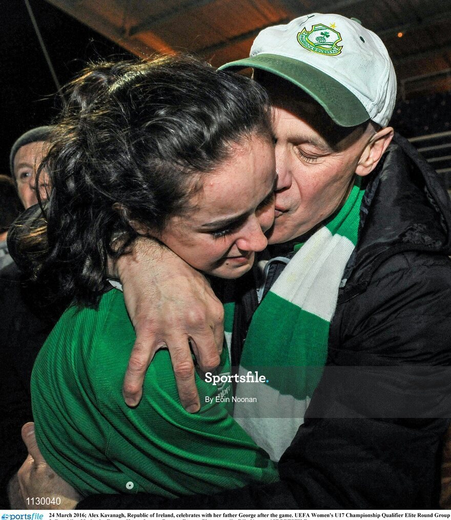 24 March 2016; Alex Kavanagh, Republic of Ireland, celebrates with her father George after the game. UEFA Women's U17 Championship Qualifier Elite Round Group 3, Republic of Ireland v France. Henry Jeanne, Bayeux, France. Picture credit: Eóin Noonan / SPORTSFILE